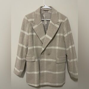 & Other Stories Women’s Beige and Cream Plaid Wool Blend Pea Coat